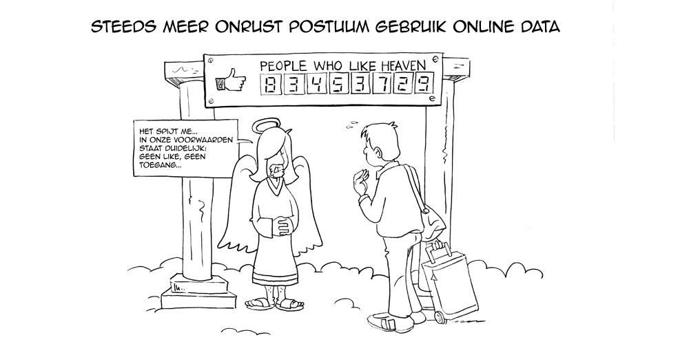 Cartoon - Postuum gebruik online data en check-in bij de hemelpoort