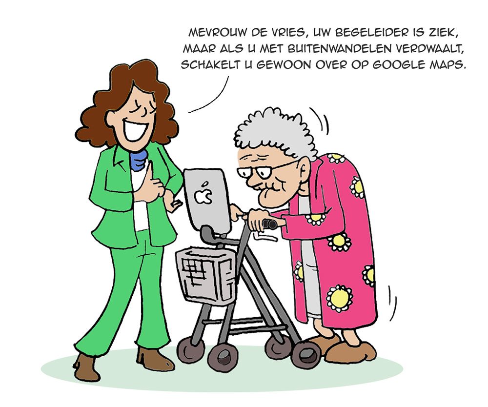 Cartoon - Ouderenzorg met iPad en Google Maps